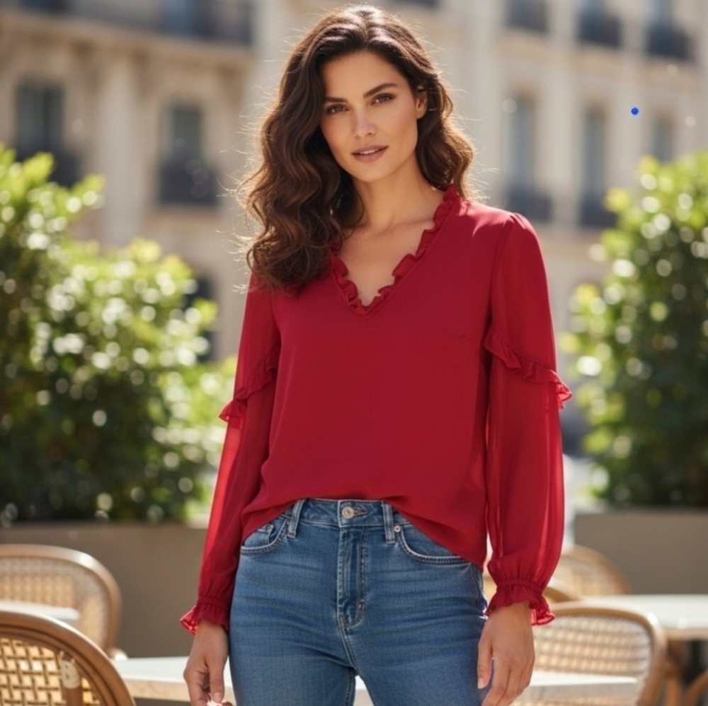 ALEXIS Brannon Designer Red Ruffle Blouse -Viscose Luxury.Valentine's Day Blouse